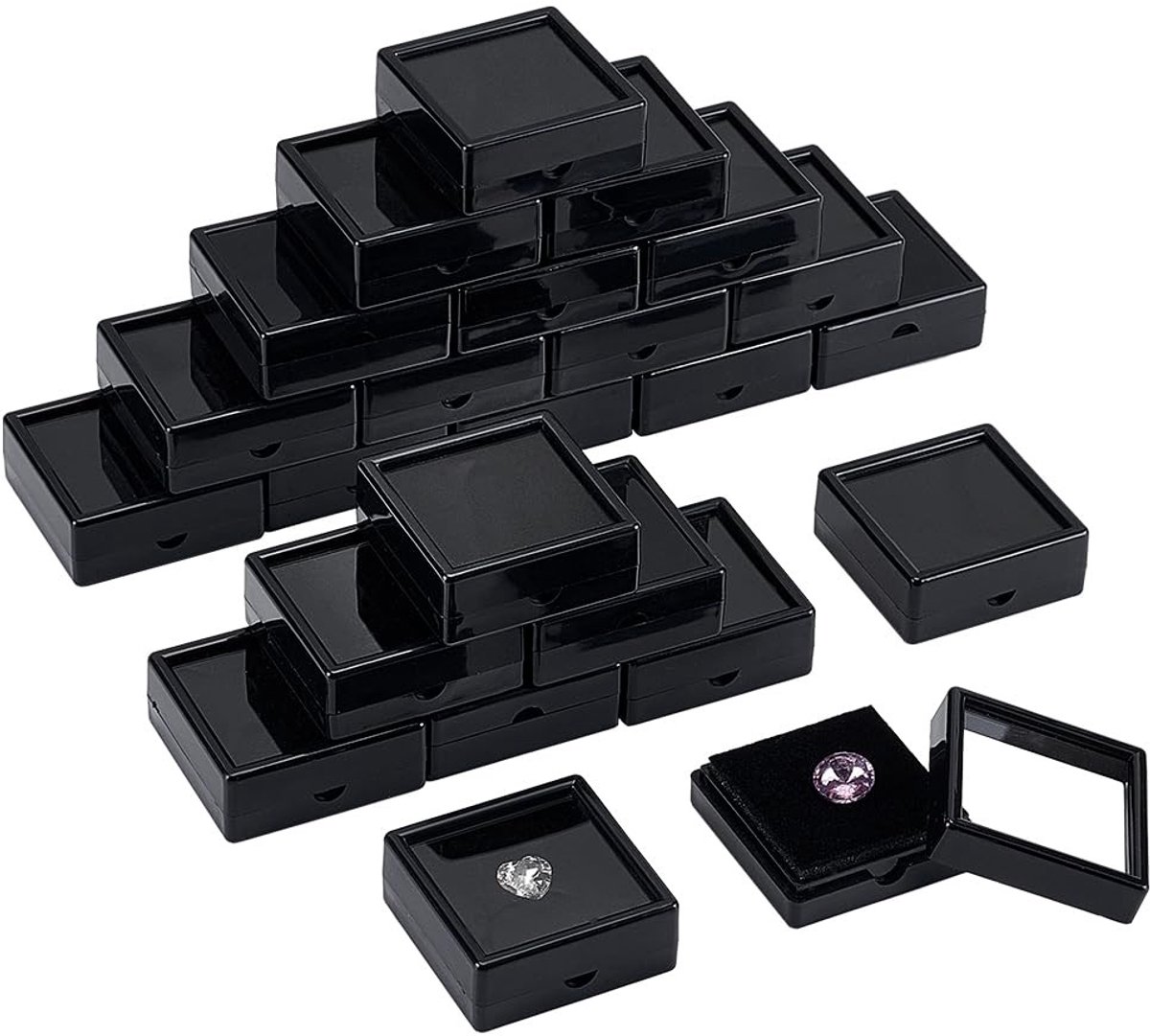 Dailygoods - 24 Stuks Zwarte Edelsteen Displaydozen met Duidelijke Deksels