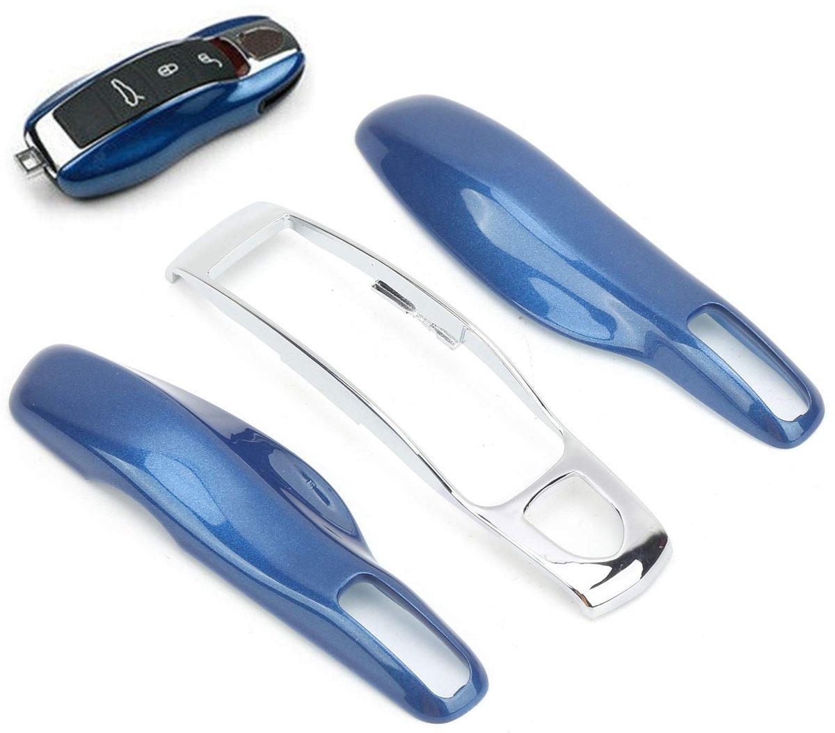 Dailygoody - Auto Afstandsbediening Sleutelhanger Case - Beschermhoes voor 911 Panamera Macan - Saffierblauw met Zilveren Schelp - Duurzaam en Stijlvo..