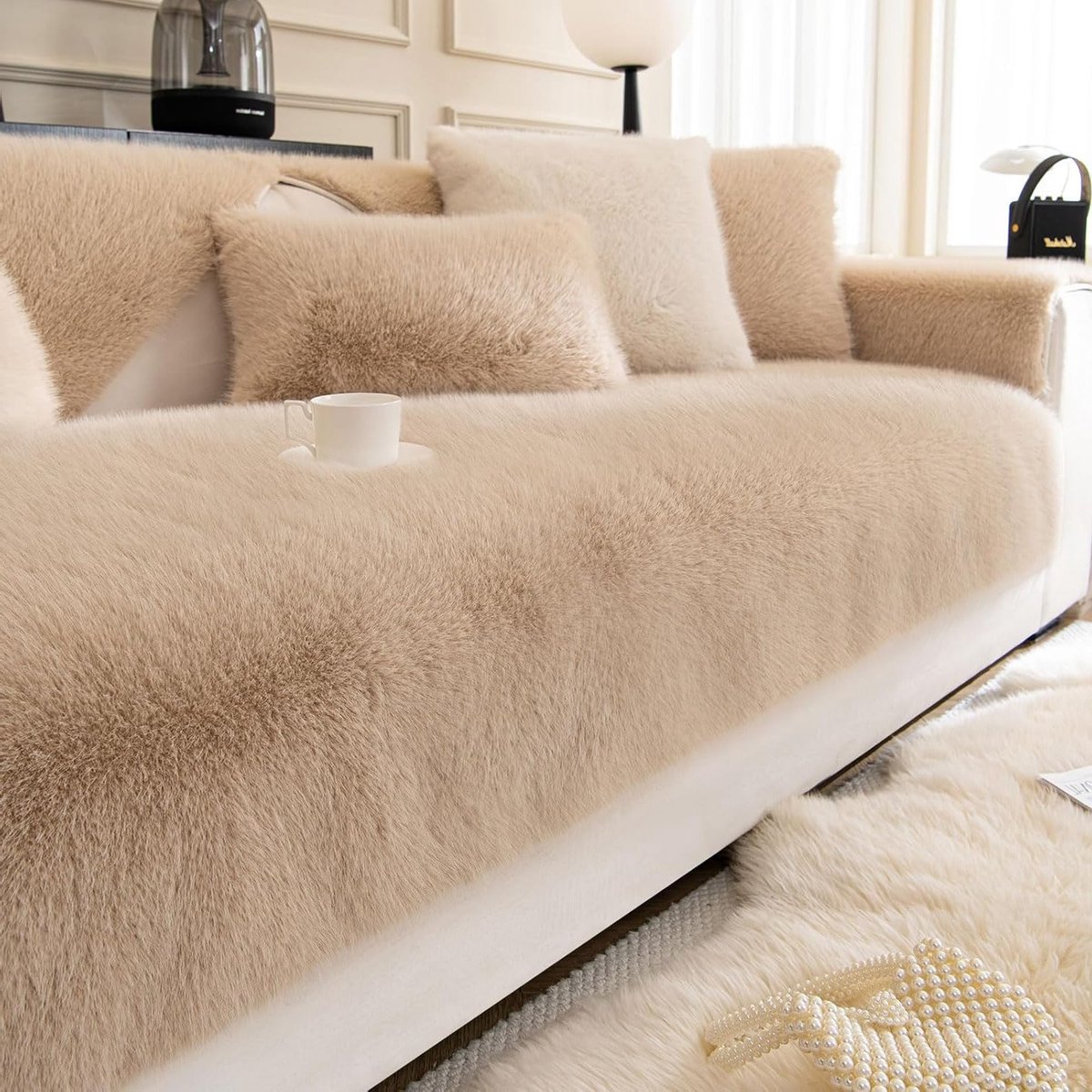 Zachte Velours Sofahoes voor 1-4 Zits Banken - Antislip, Geschikt voor Huisdieren en Kinderen, Inclusief Armleuning- en Rugleuninghoezen (Khaki, 28"x28")