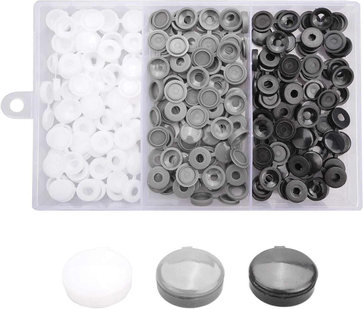 240 Stuks Scharnierende Plastic Schroefdoppen - Vouw- en Klikdeksels voor Meubels en Planken - Decoratieve Doppen met Opbergdoos (Zwart, Wit, Grijs) voor 6-8 Schroefkoppen