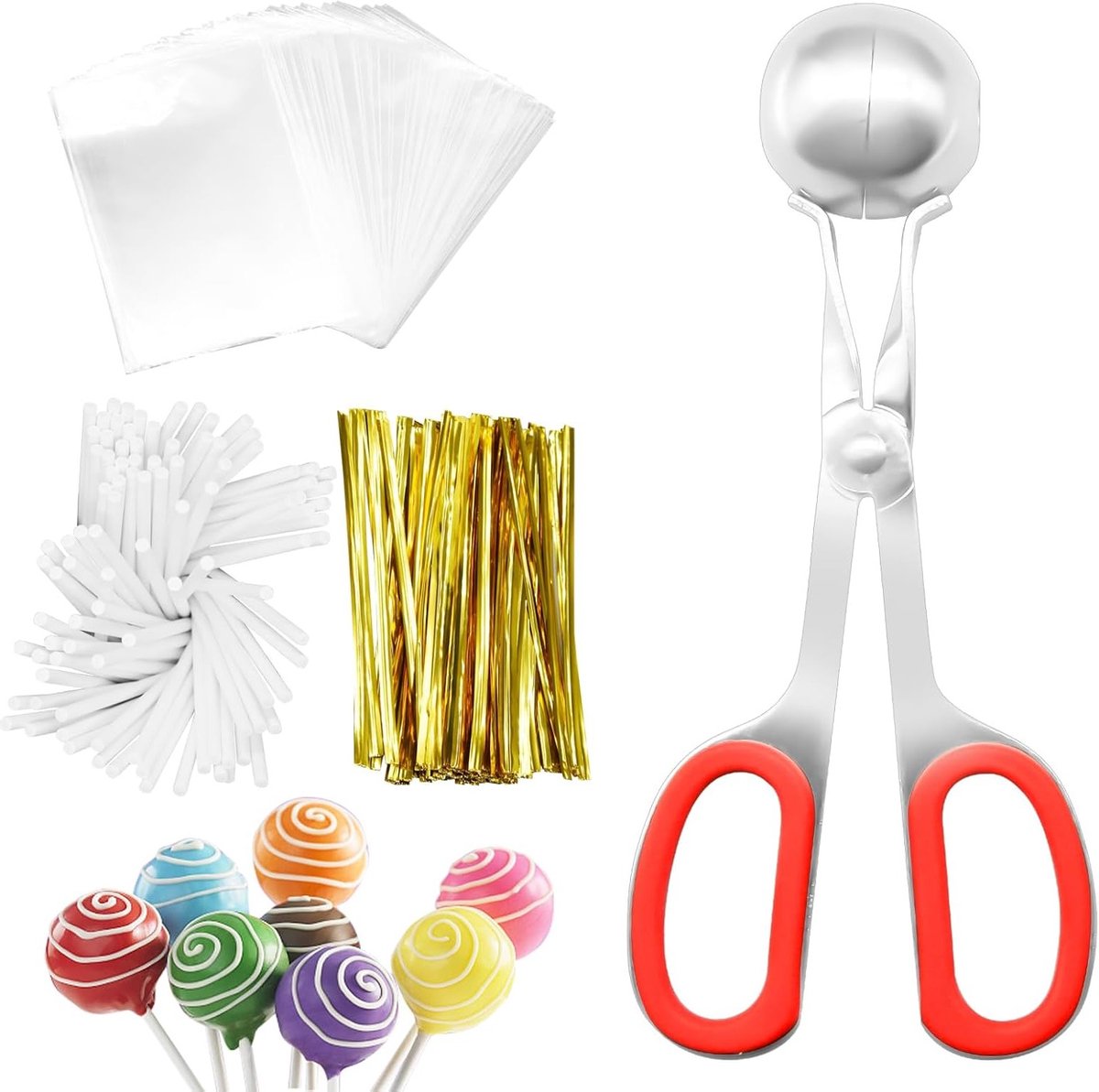Lollipop Sticks en Wrappers Kit - Compleet Cake Pop Set met Papieren Sticks, Zakjes en Gouden Twist Ties voor Snoep en Chocolade Creaties