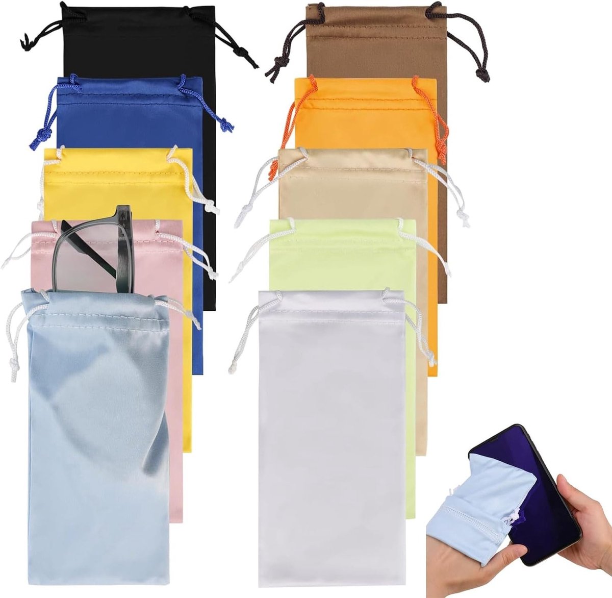 Microvezel brillenetui met trekkoord, 10 stuks, 18 x 9 cm - zachte tas voor brillen, sieraden en telefoons, ideaal voor reizen en dagelijks gebruik