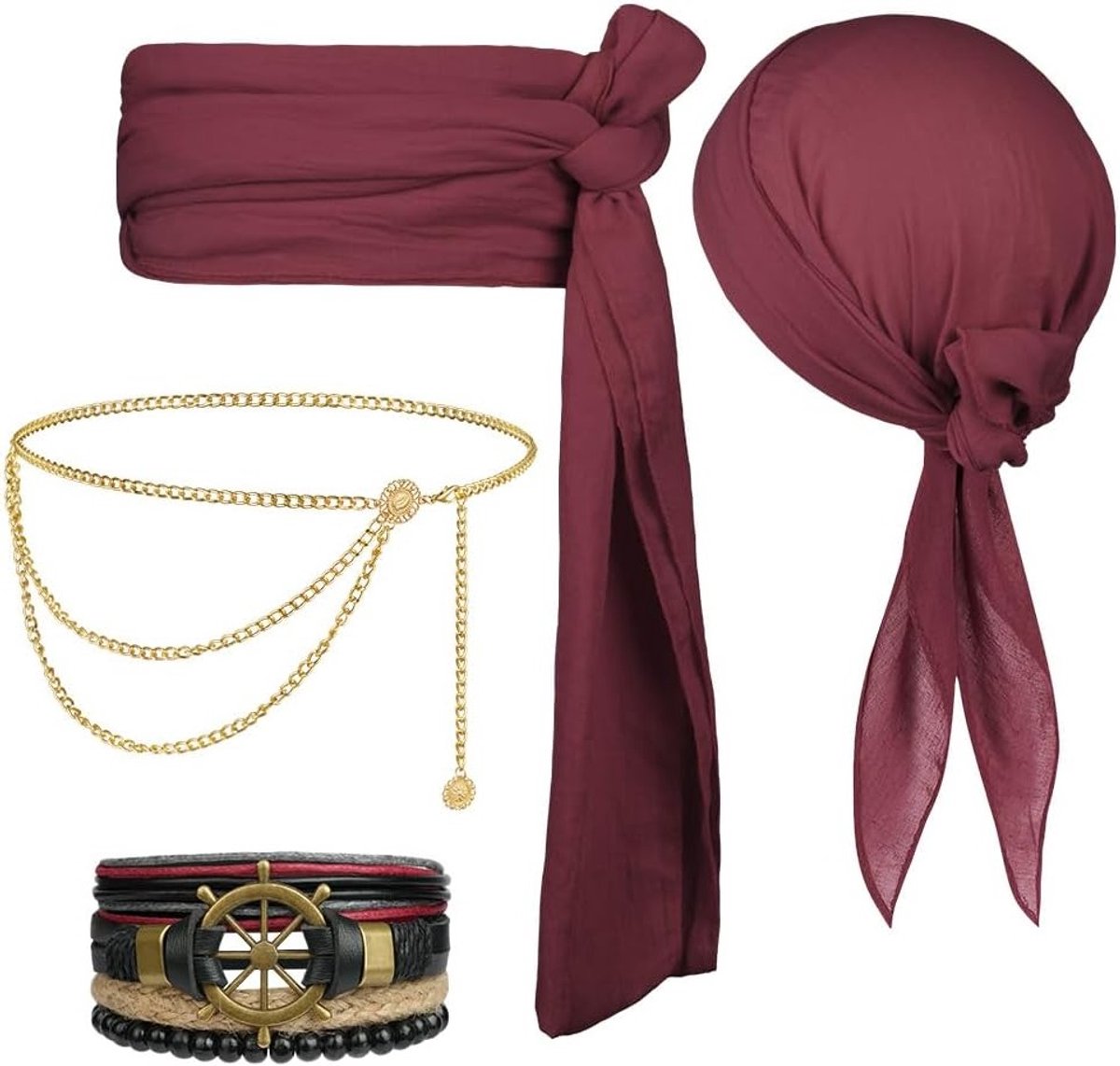 Piratenkostuum Accessoires Set met Bandana, Sjerp, Ooglapje en Ankerhanger voor Halloween en Themapartijen, Perfect voor Piratenfeesten en Middeleeuwse Kostuums