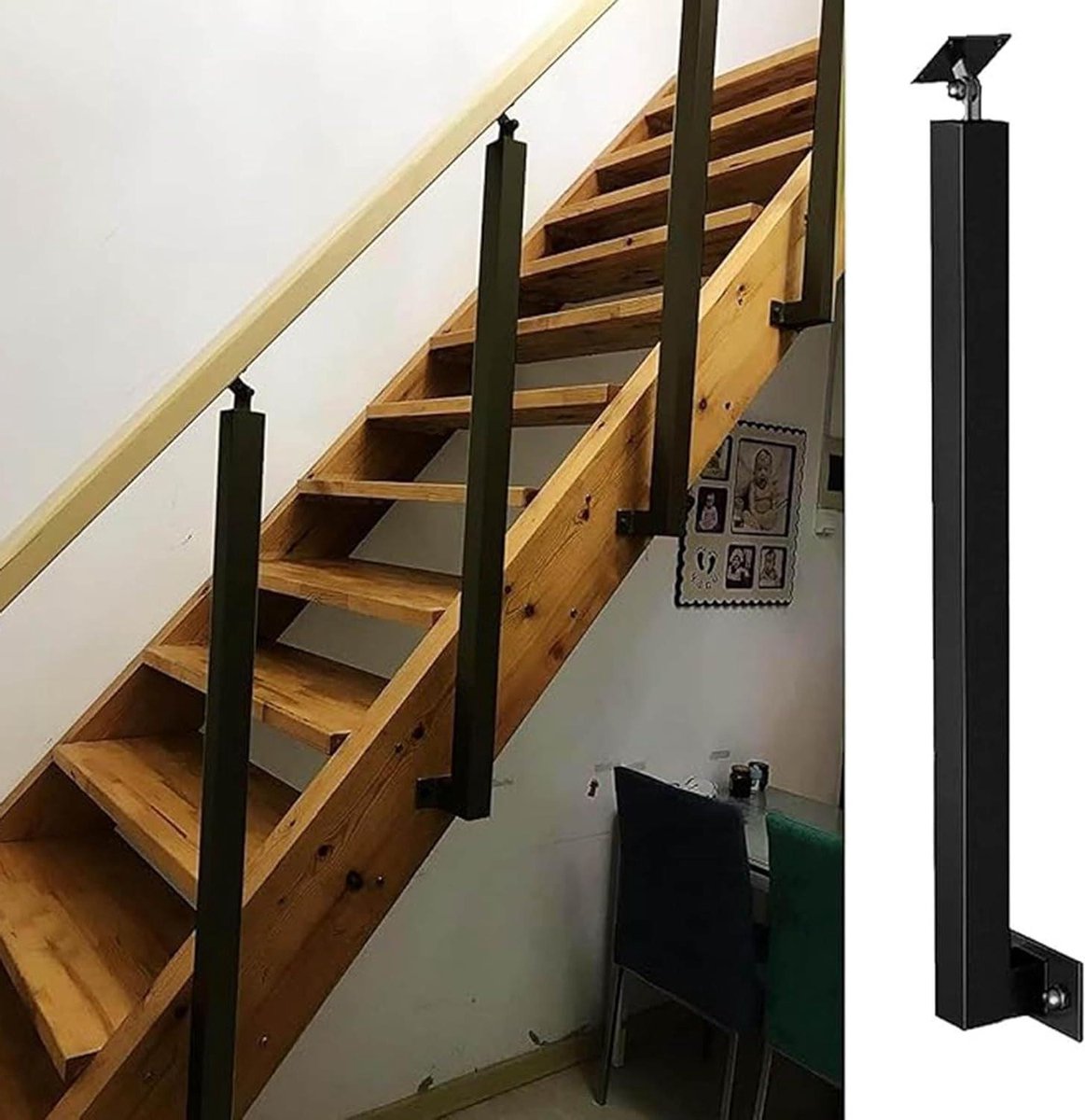 Smeedijzeren baluster, veiligheidsleuning met 270° verstelbare houder, zijdelings gemonteerde trapleuning, baluster, baluster, 1 stuk (maat: 95 cm)