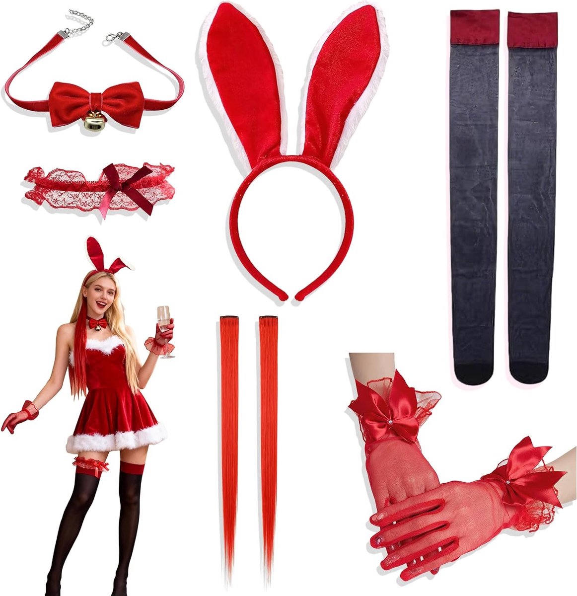 Vrouwelijk Konijn Kostuum met Oren, Kraag, Handschoenen en Kousen voor Halloween en Pasen, Perfect voor Cosplay en Feestjes