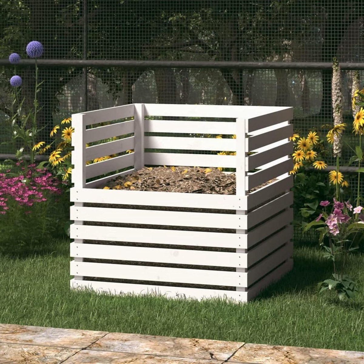 Compostbak Hout - Composteerbak Tuin - Afval Verzamelen - Grote Capaciteit - 80x80x78 cm - Wit