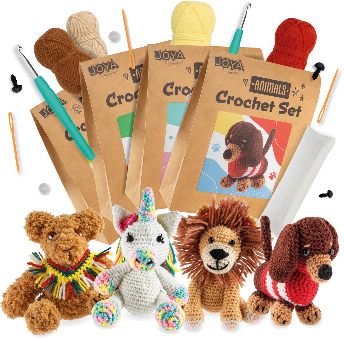 Haakpakket Dieren 4pcs – DIY Haakset voor Volwassenen – Inclusief ergonomische breinaalden – Leeuw, Hond, Unicorn en Beer Amigurumi - Starters Set Voor Volwassenen - Joya Creative