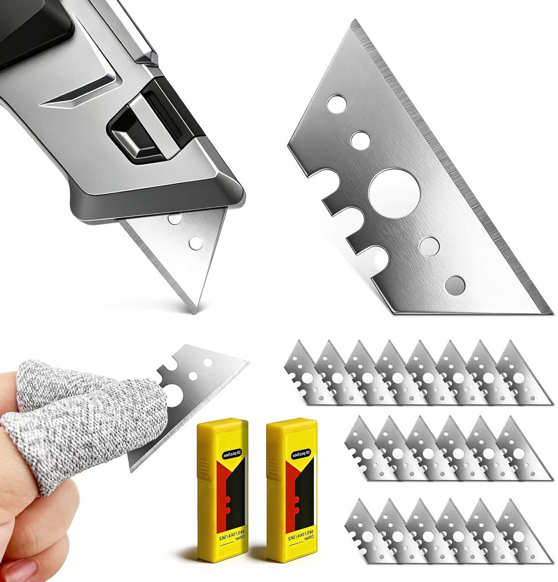 Trapezium Snijmessen Set met Vervangbladen, 20 Stuks, Veiligheidsmes, Tapijtmes en Snijgereedschap voor Precisie en Veiligheid