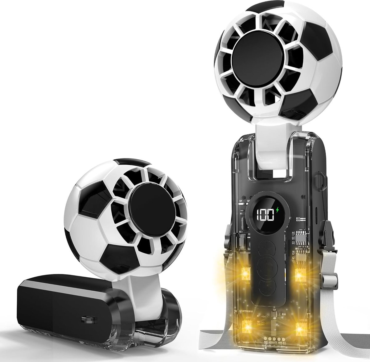 Draagbare Turbo Ventilator met IJskoeling - 5 Snelheden Oplaadbaar Opvouwbaar - 4-Modus LED Verlichting - 12 Uur Werktijd - voor Reizen, Werk - Cadeau voor Voetbalfans - Zwart - 1 Stuk