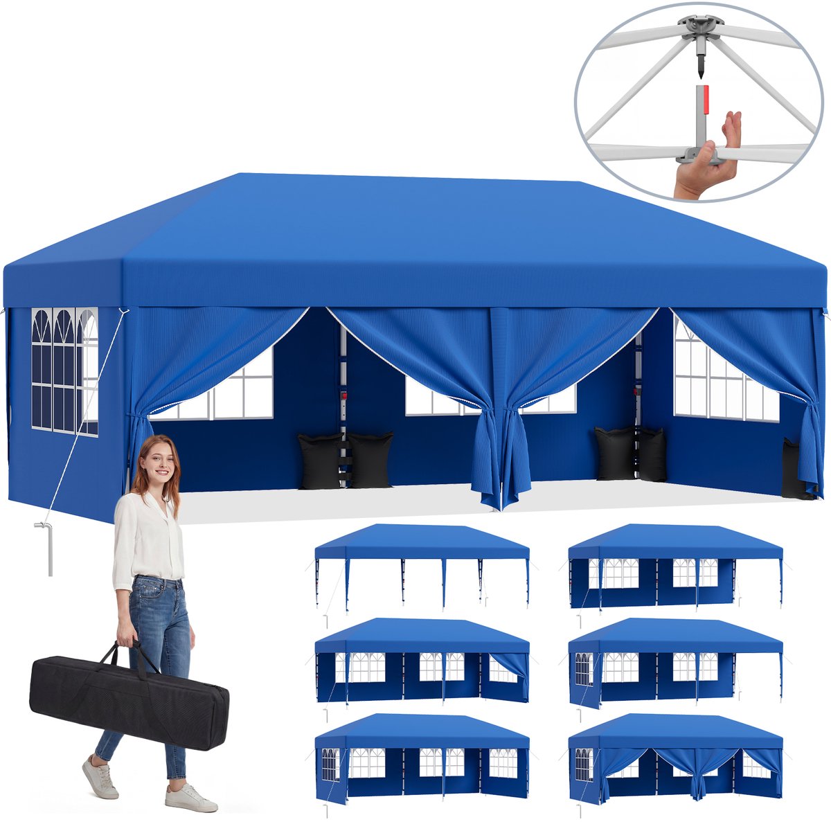 Devoko partytent–Opvouwbaar tuinpaviljoen 3x6–pop-up tuinpaviljoen in 20 sec–Waterdicht & UV-bestendig–met opbergtas–6 zijwanden–Blauw