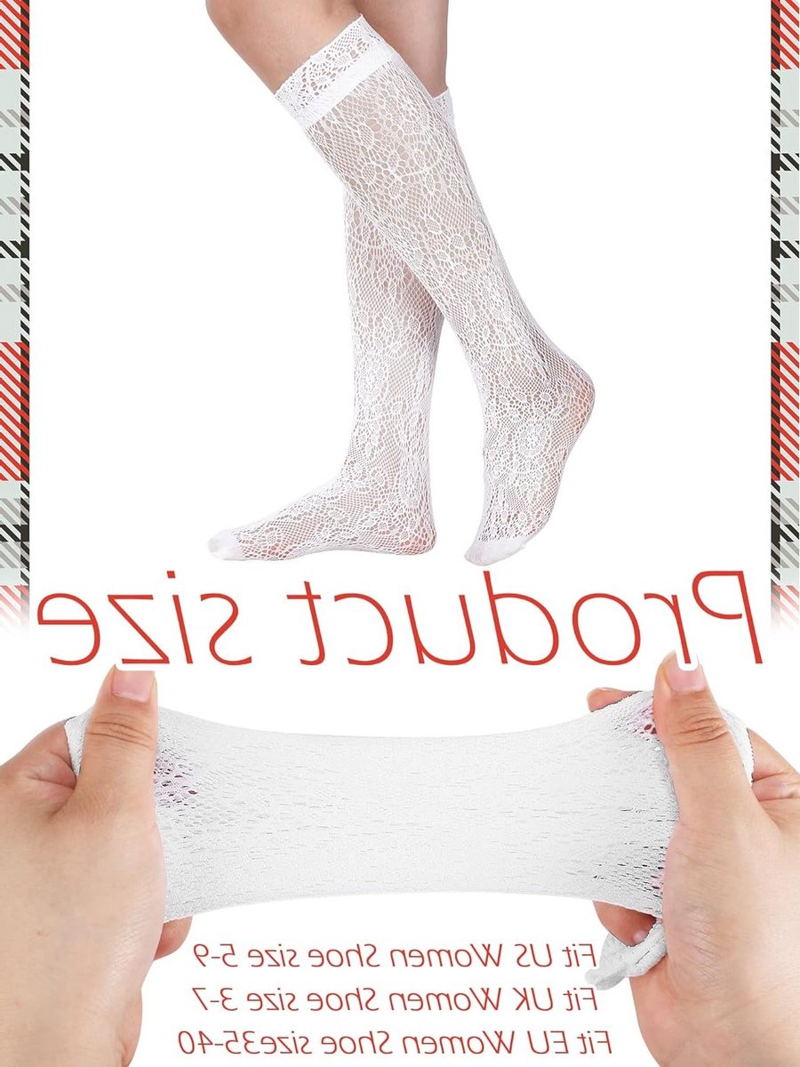 2 Paar Dames Visnet Kousen tot de Knie met Kanten, Wit, One Size - Elegante Modeaccessoire voor Elke Gelegenheid