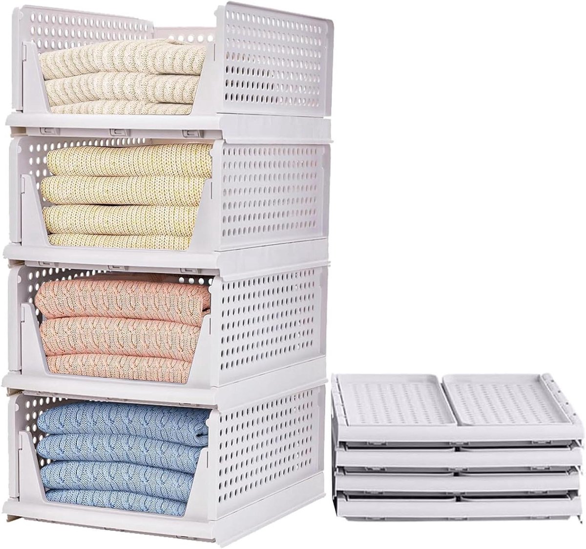 Kledingkast Organizer - Opbergdozen - Kleding Opbergen - Stapelbaar Ontwerp - 4 Stuks - Wit