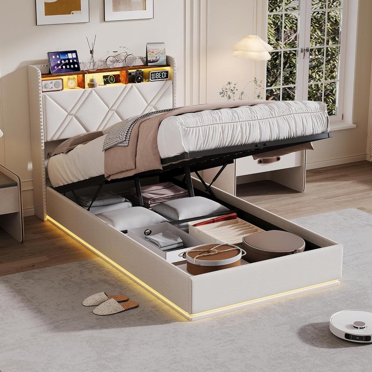 Gestoffeerd Bed - Eenpersoonsbed - Opbergen en Laden - Met LED en USB - 90 x 200 cm - Beige