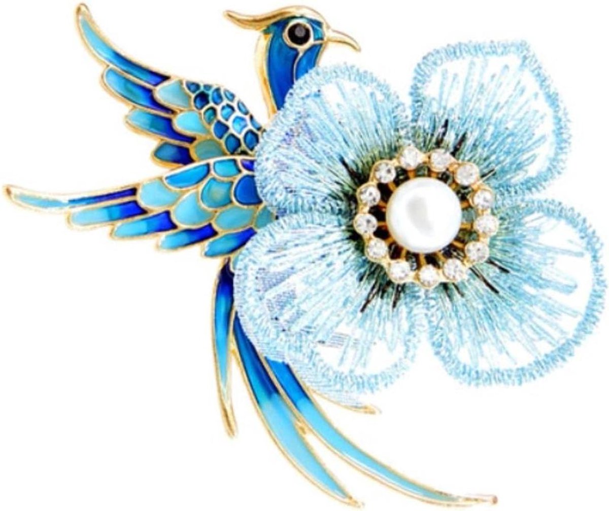 Dames Broche - Vogel Bloem - Feestelijk Accessoire - Gemaakt Met Kristal - 3 kg - Blauw Roze