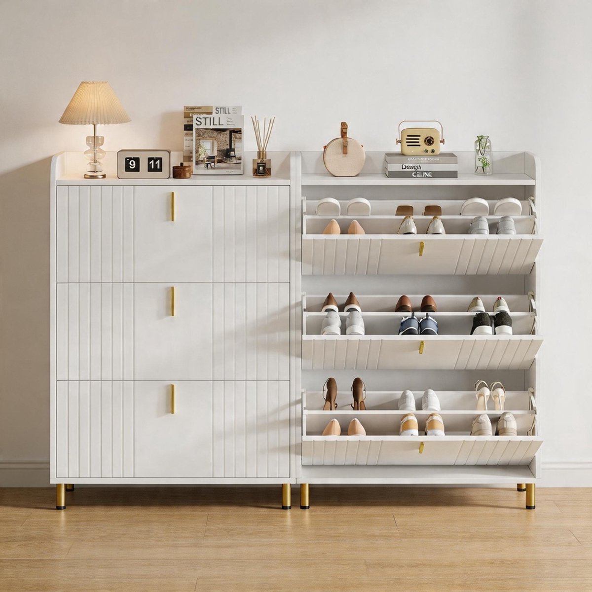 Komhtom - Twee smalle schoenenkasten met 3 kleppen - Witte schoenenkast met 6 vakken - Verstelbaar met kantelbeveiliging - 80×23,5×123,5 cm