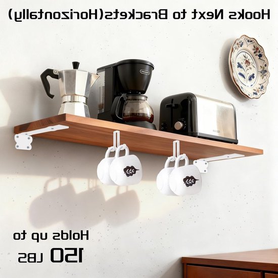 L-vormige planksteunen 20 cm, 2 paar witte steunen met 4 dubbele haken, ideale oplossing voor DIY projecten en wanddecoratie thuis — afbeelding 4