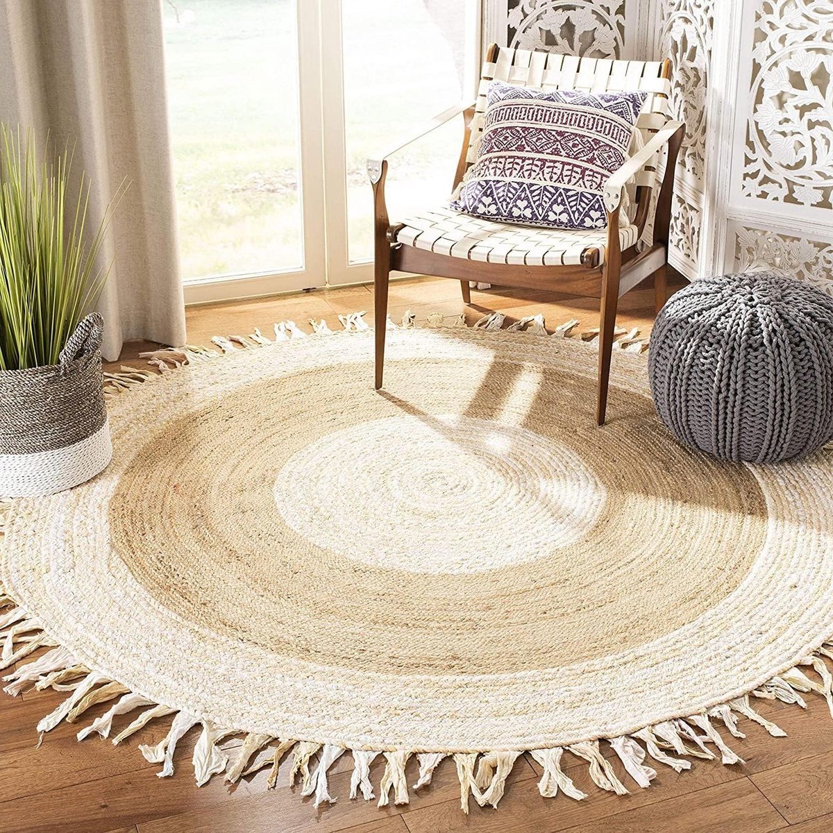 Katoenen Vloerkleed - Rond Tapijt Boho - Woonkamer Decoratie - Handgevlochten Jute - 120 cm Rond - Kleur 1
