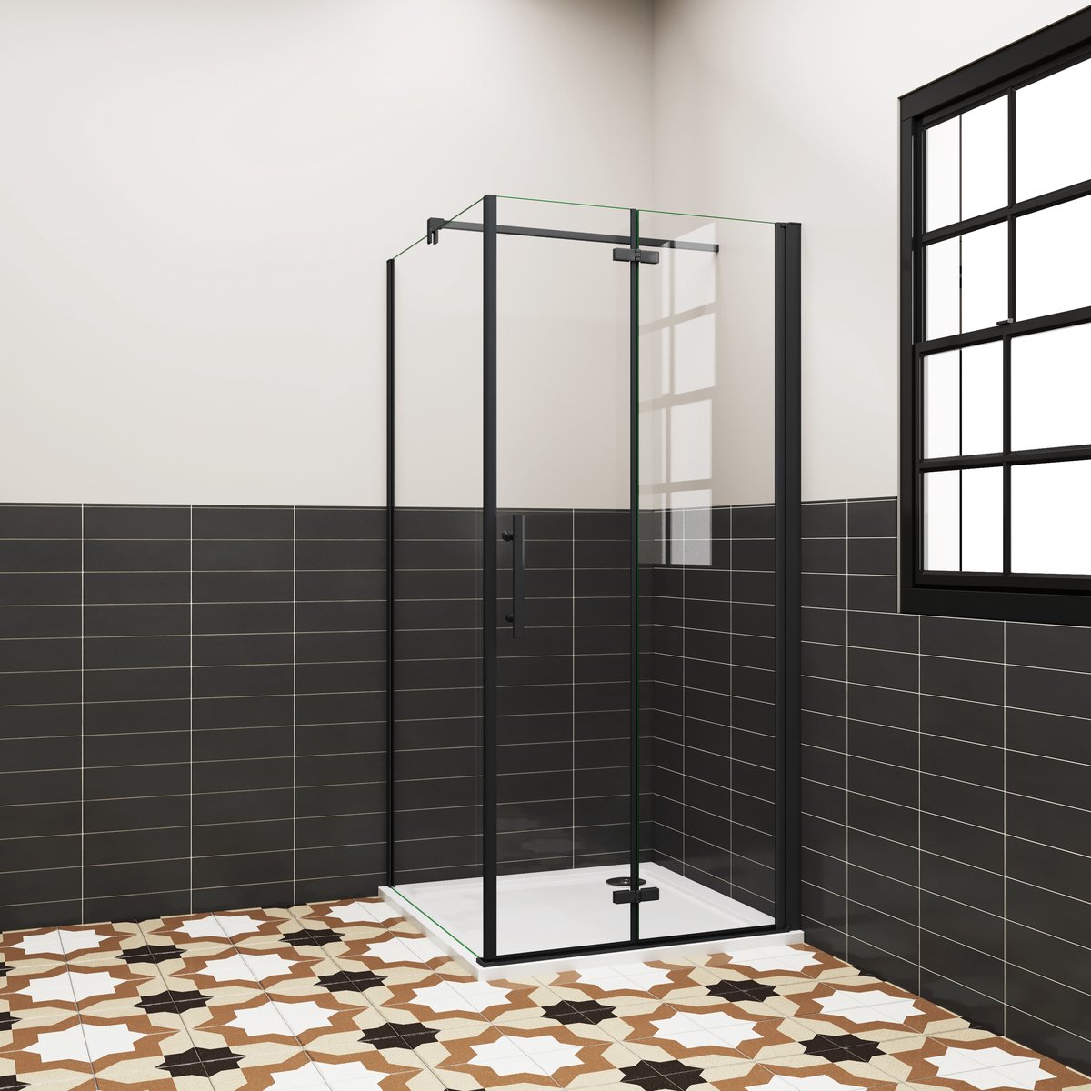 Aica douchecabine 80x76x195cm vouwdeur en vaste zijwand 6mm helder EasyClean veiligheidsglas mat zwarte aluminium frame F-vorm 90cm Stabilisatiestang incl. douchebak