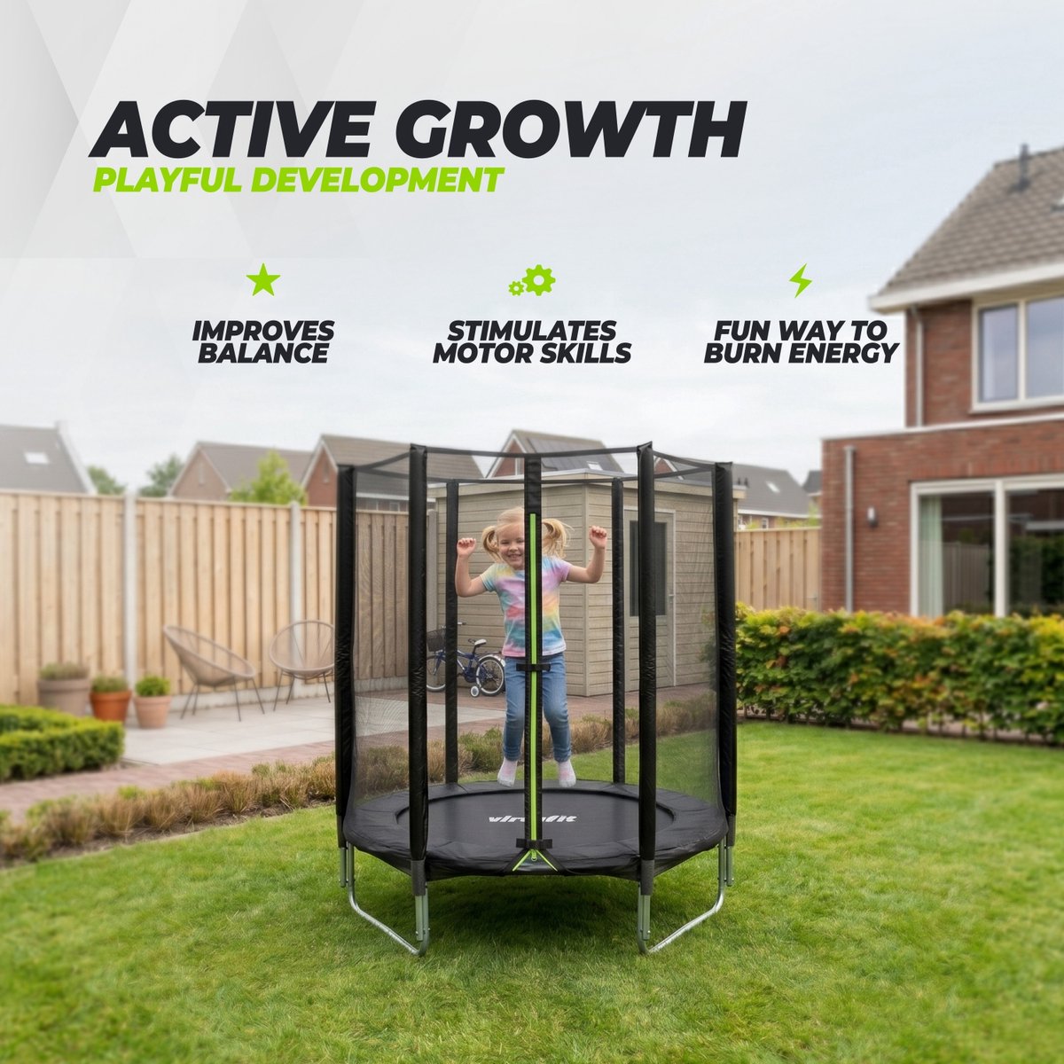 VirtuFit Kinder Trampoline met Veiligheidsnet - 140 cm - UV- en Weerbestendig - Zwart - Compact Ontwerp — afbeelding 7