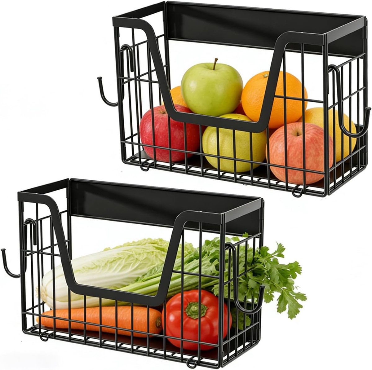 Set van 2 magnetische koelkastplanken voor keukenorganisatie, wandmontage, opbergen van groenten, fruit en snacks, zonder boren, zwart keukenrek