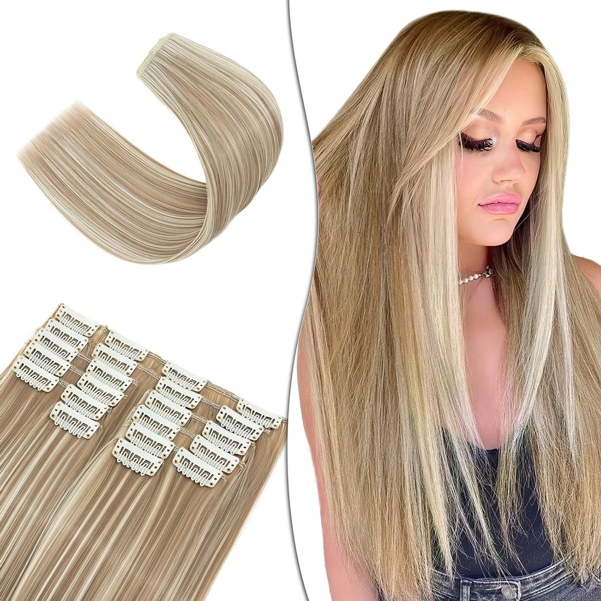Natuurlijke 12 wefts clip-in haarextensions voor een volle look van 55 cm en 180 g in zandblond met een prachtige bleking