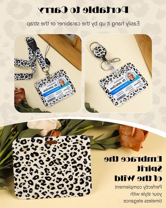 Stijlvolle Badgehouder met Retractable Reel en Afneembare Lanyard - Beige Luipaardprint voor Werkers en Evenementen — afbeelding 2