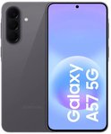Grijze Samsung Galaxy A57 5G smartphone met driedubbele camera aan de achterzijde en het scherm toont 'Galaxy A57 5G'.