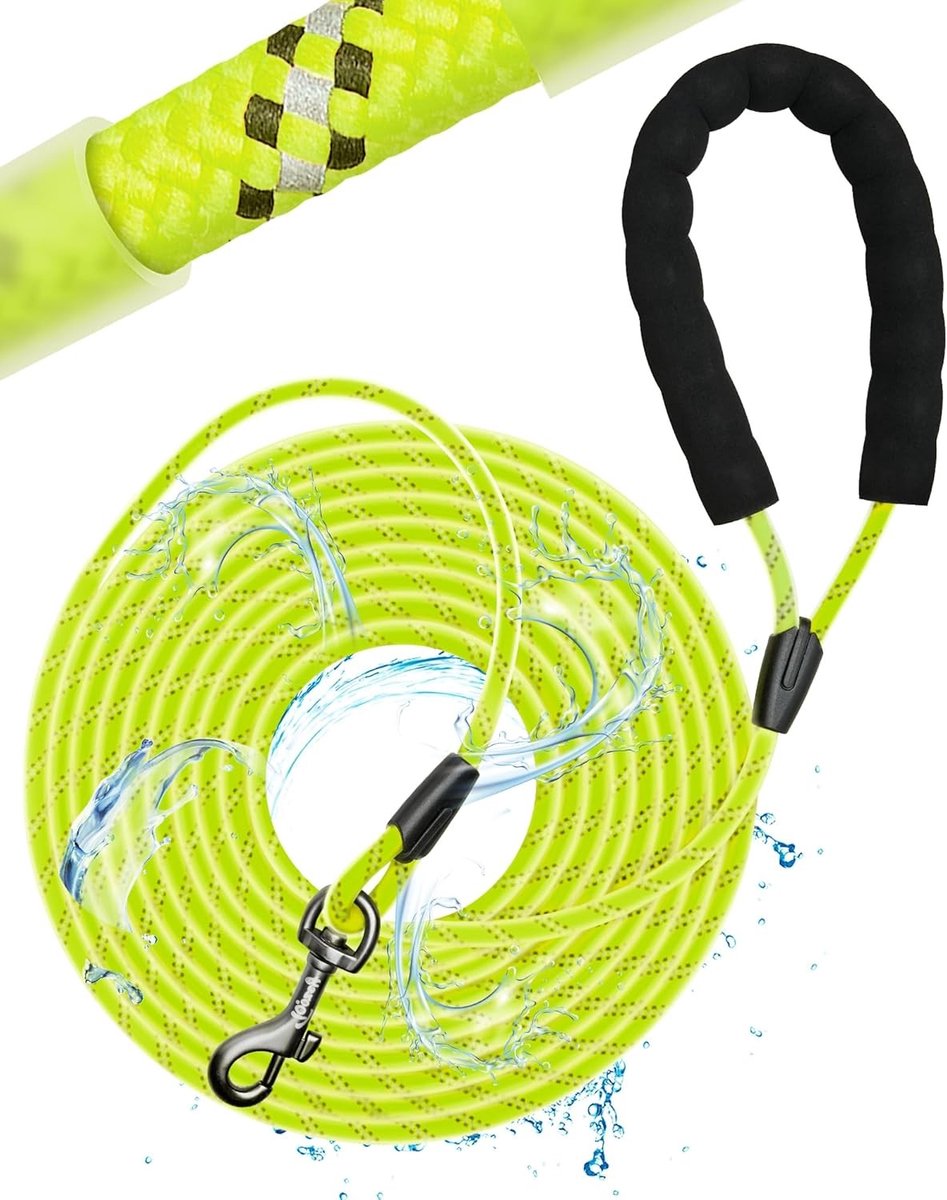 Waterdichte Hondenlijn voor Training, Verkrijgbaar in 5, 10, 15 en 20 meter, Geschikt voor Kleine, Middelgrote en Grote Honden, Stevige Lijn met Zachte Gevoerde Handgreep, Neon Geel