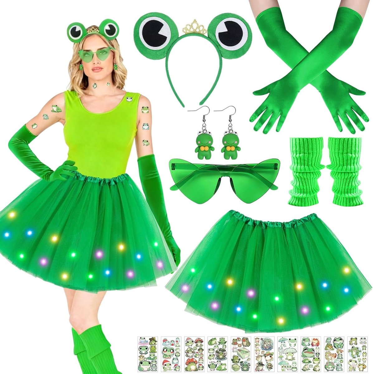 Vrouwelijk Kikker Kostuum 7-delige Set met Haaraccessoires, Tutu, Beenwarmers, Oorbellen en Hartbril voor Halloween en Carnaval