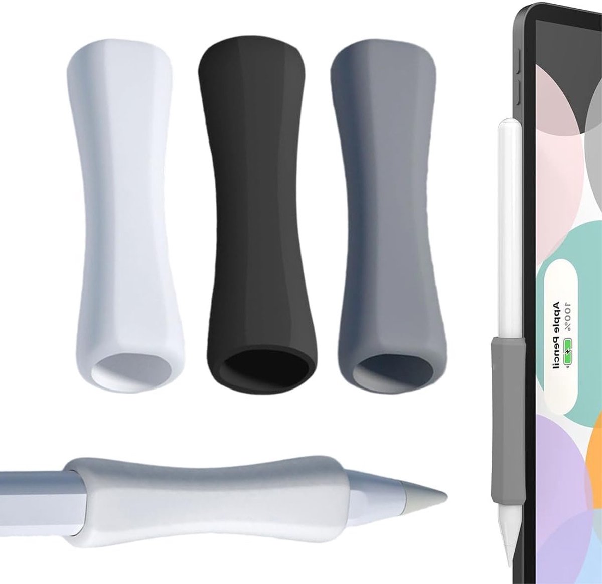 Set van 3 Antislip Silicone Penhouders Geschikt voor Apple Pencil - Ideaal voor Kunstenaars, Studenten en Professionals (Wit, Grijs, Zwart)