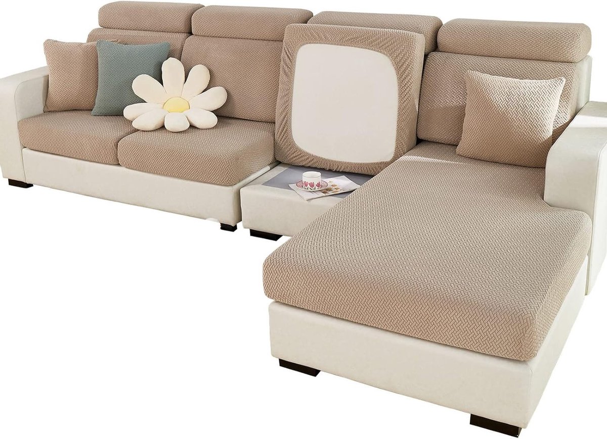 Sofa Kussenhoezen voor 2-Zitsbank - Stretch Covers voor Meubels, Bescherming en Stijl (Weefpatroon, Khaki)