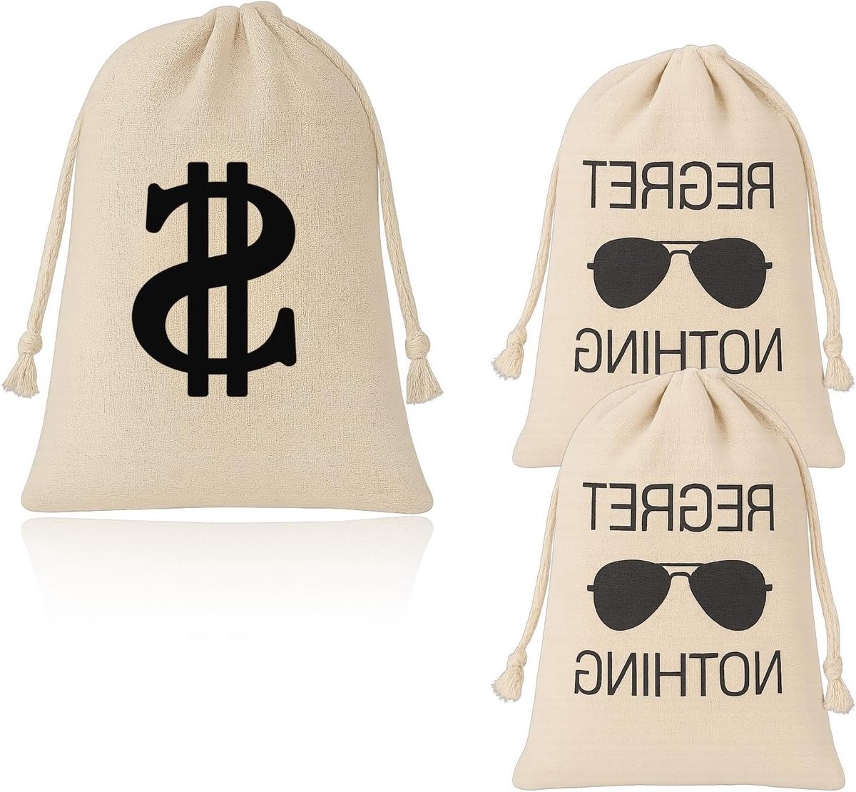 Set van 2 geldzakken met dollar teken en 1 geldzak met zonnebril - accessoires voor bankoverval, kostuum en feestdecoratie