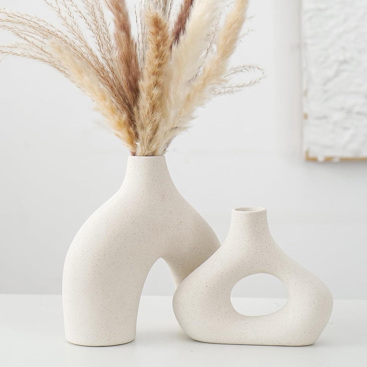 Beige Keramische Vaas Set van 2 voor Moderne Boho en Nordic Minimalistische Decoratie in W