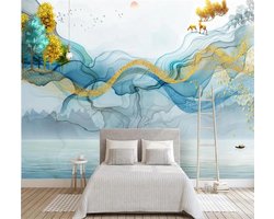Abstract Behang - Gouden Rookbomen - Muur Decoratie - 3D Reliëf Effect - 150cm x 105cm - Blauw