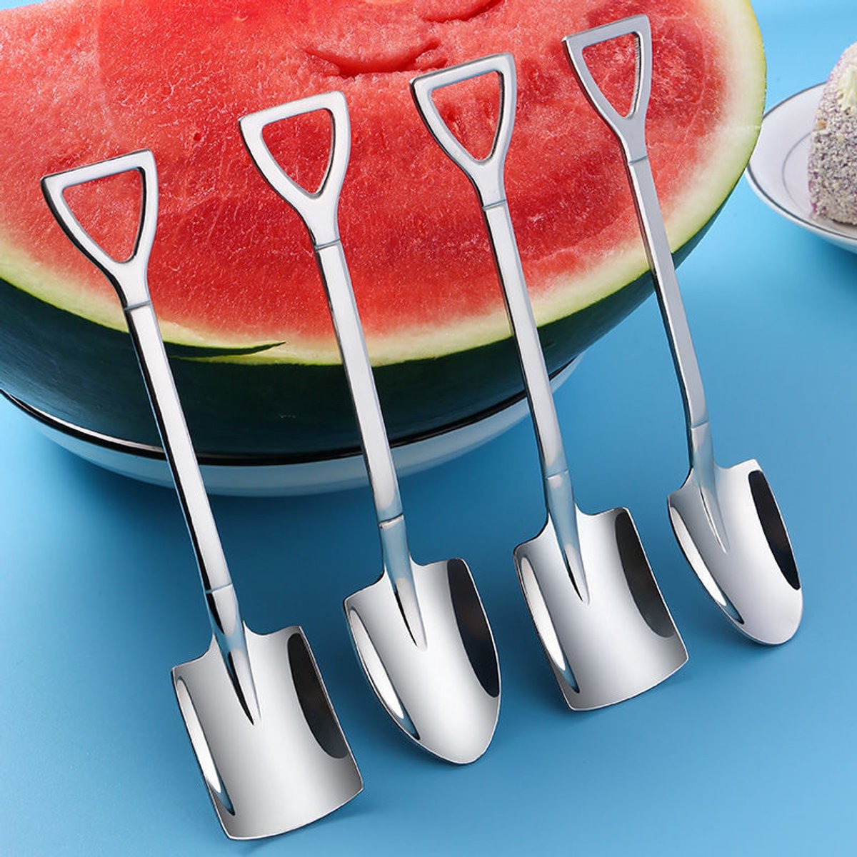 Vierdelige roestvrijstalen lepelset met schepvormige en puntige lepels, geschikt voor koffie, thee, suiker, roeren, gebak, desserts en feestjes.