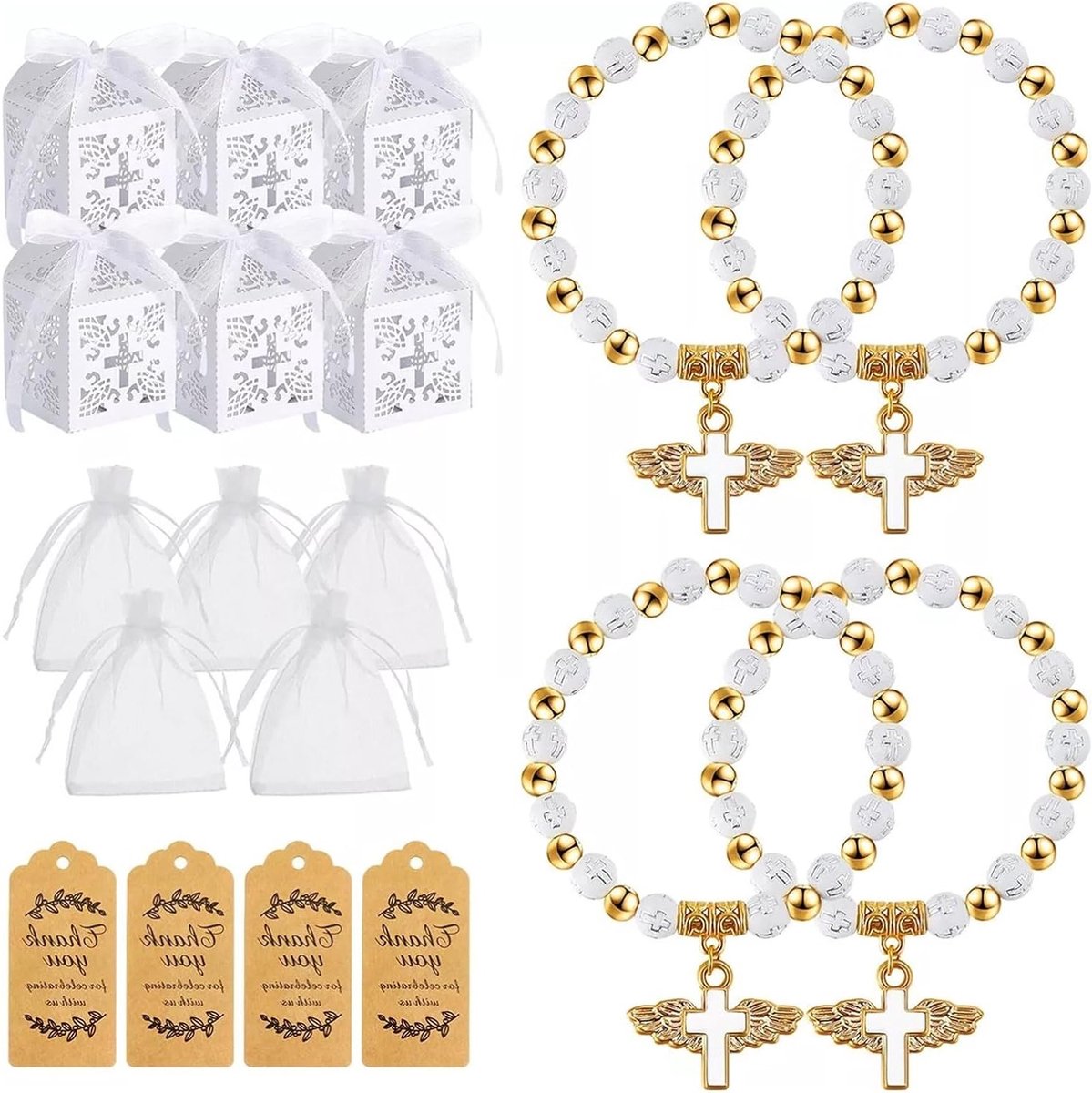 Complete Set van 80 Stuks voor Doopgeschenken, Inclusief Engel Kruis Rozenkransen, Dozen, Organza Tassen en Hangers voor Babyshowers, Bruiloften en Feestjes