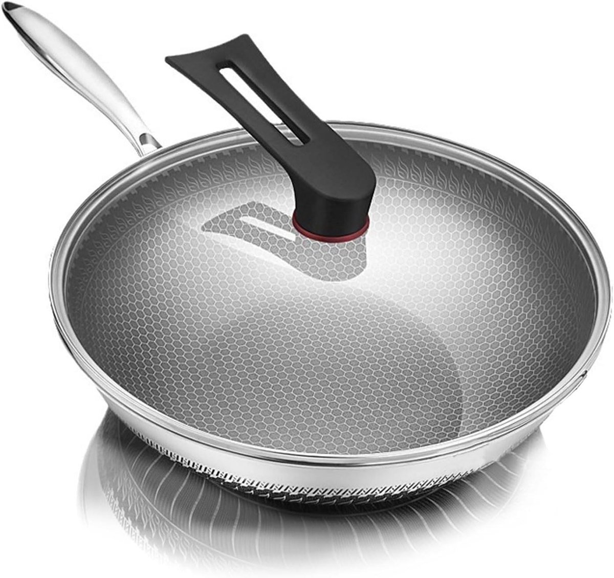Koekenpan met Deksel - Antiaanbakpan RVS - Gelijkmatig Koken - Honingraat Laserets - 32 cm - Zilver