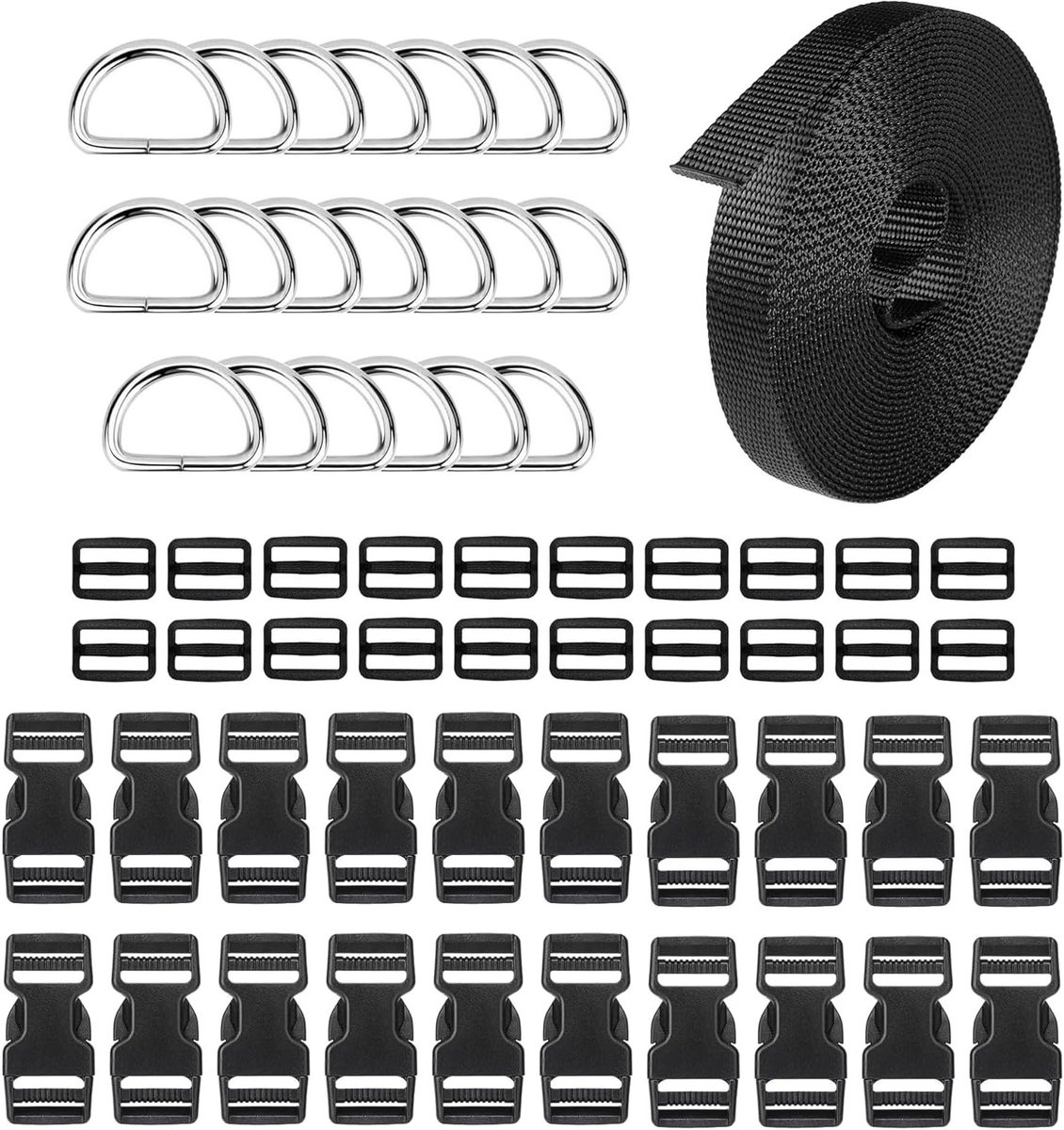 Verstelbare Mini Buckles en Nylon Strap voor Rugzakken en Koffers - 20 Stuks Plastic Buckles (25mm) in Zwart