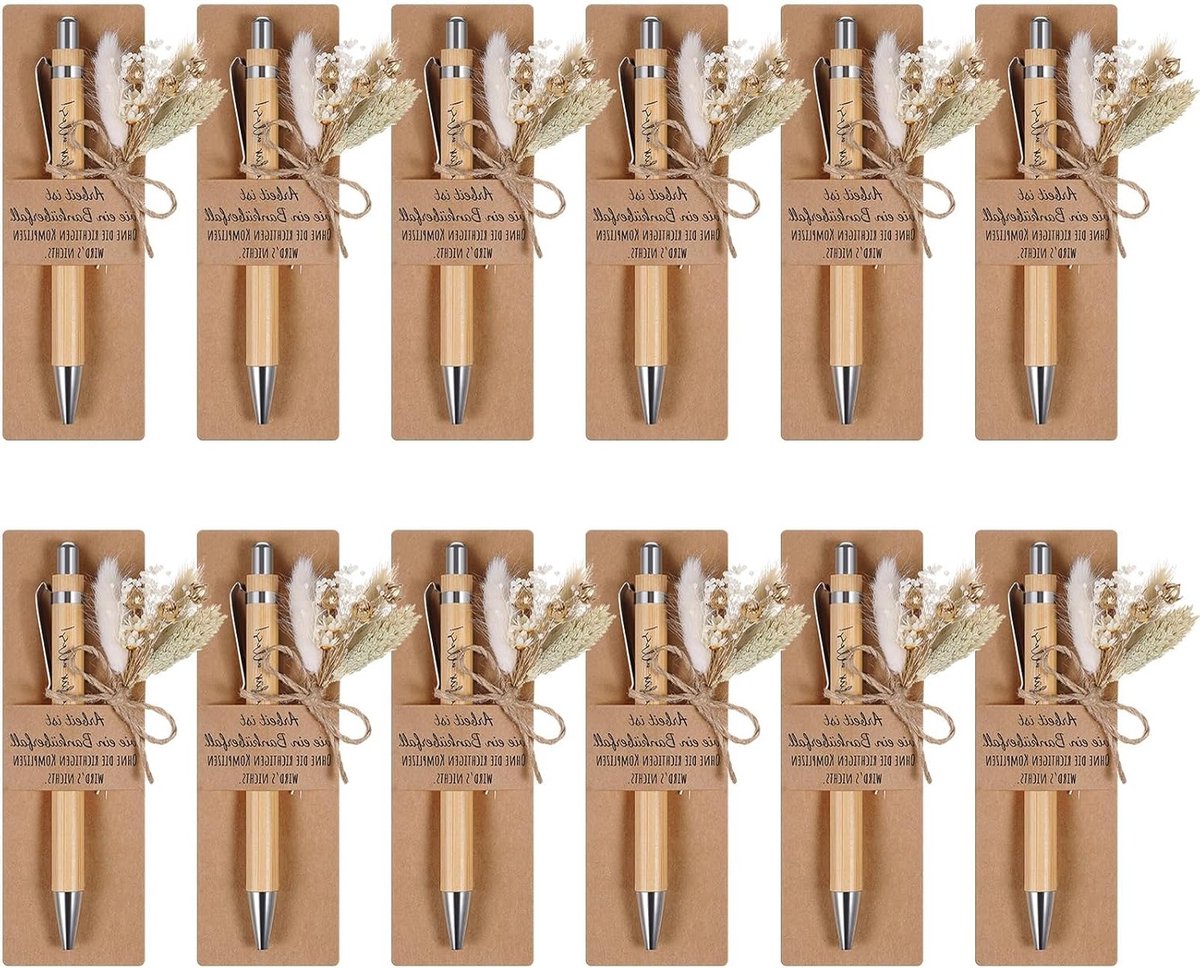 Cadeauset met Houten Balpen en Gravering, Boeket Echte Gedroogde Bloemen en Papieren Penhouder voor Afscheidscadeau Leraar, Collega of Vriend (12 Sets)