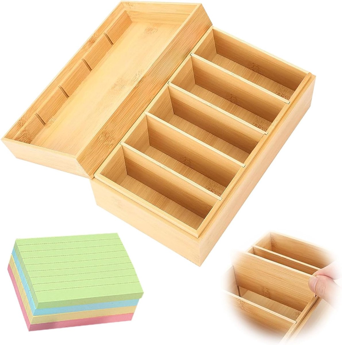 Houten Indexkaarten Box met Deksel 22 x 12.7 x 9 cm, 400 Zelfklevende Notities en 4 Verwijderbare Scheiders voor Organisatie en Kantoorgebruik