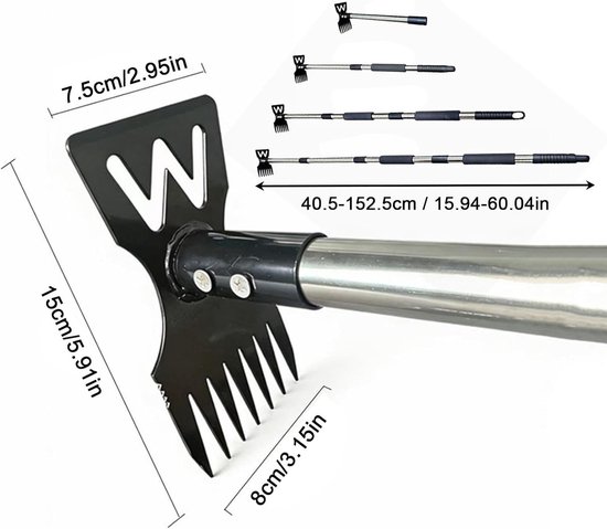 Stro Remover Tool - Handhark Gazon Hark - Onkruid Verwijderen - Roestvrij Staal - 44 cm - Zilver — afbeelding 5