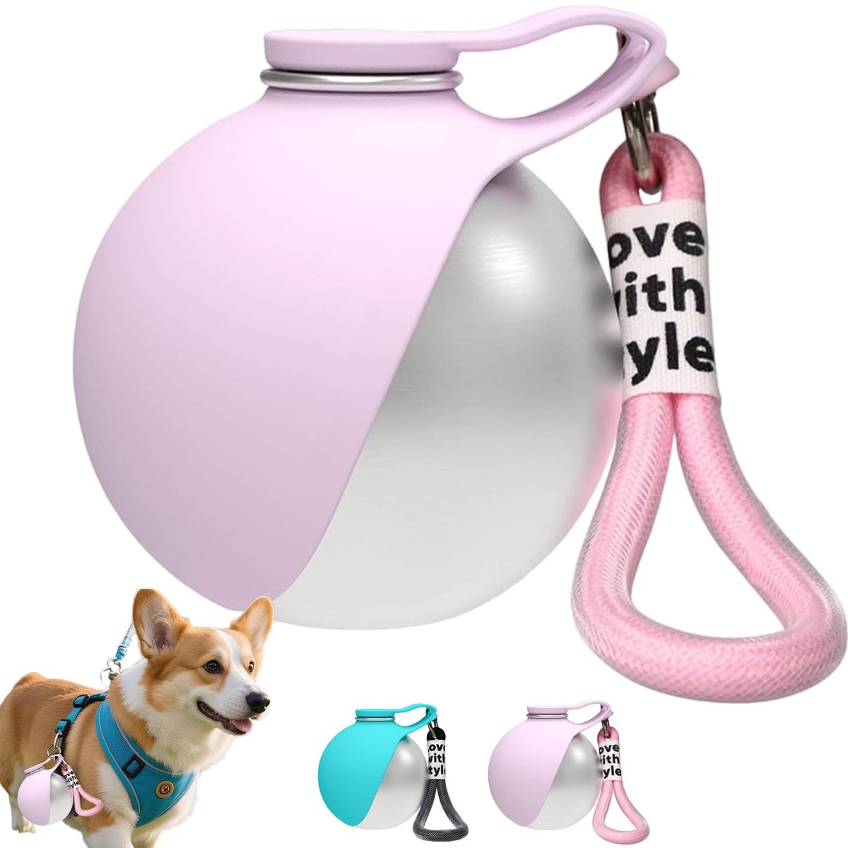 Ryoudavell - 2-in-1 draagbare drinkfles voor honden - Drinkfles voor huisdieren - met opvouwbare siliconen kom - RVS - Lekvrij - Ideaal voor reizen en wandelen - Compact en draagbaar - Honden