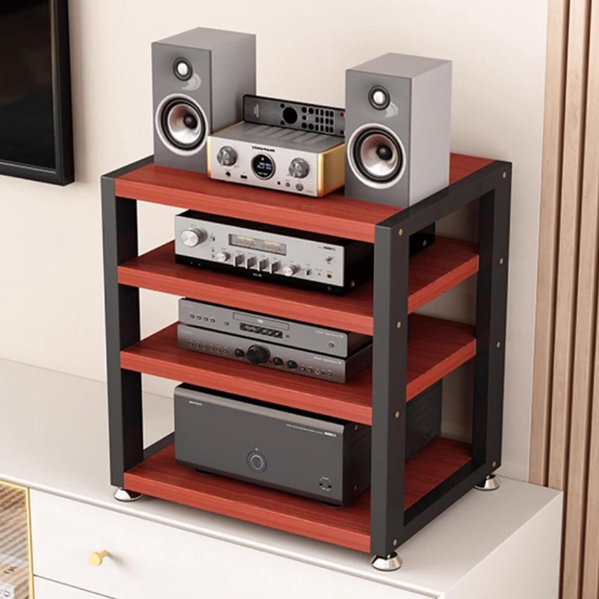 HIFI Rack - Stereo Meubel - Audio Componenten Opbergen - Open Ontwerp - 21.6 inch Hoog - Teak