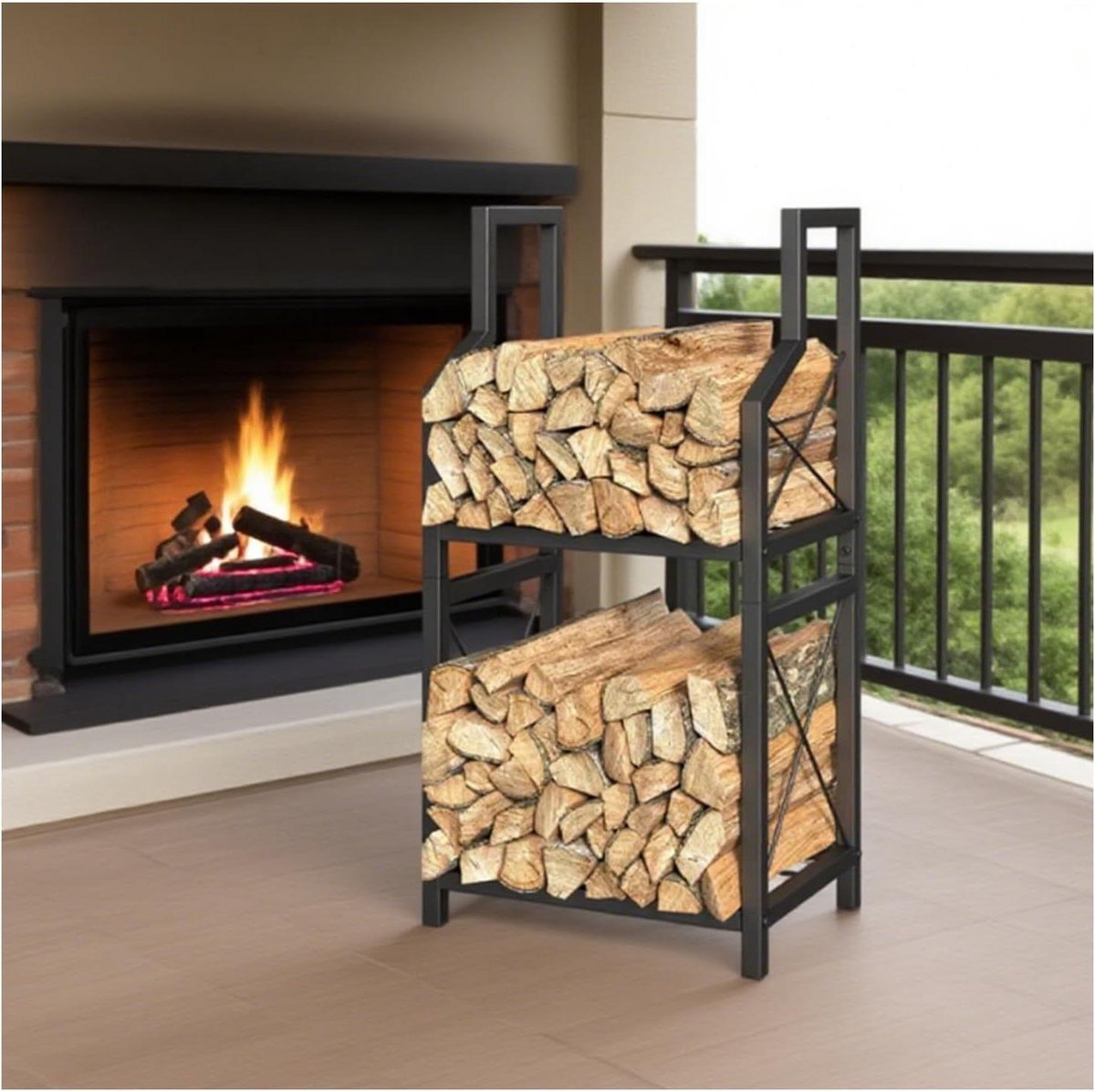 Metalen Houtrek - Houtopslag - Open haard - Dubbele laag - 80x40x30 cm - Zwart