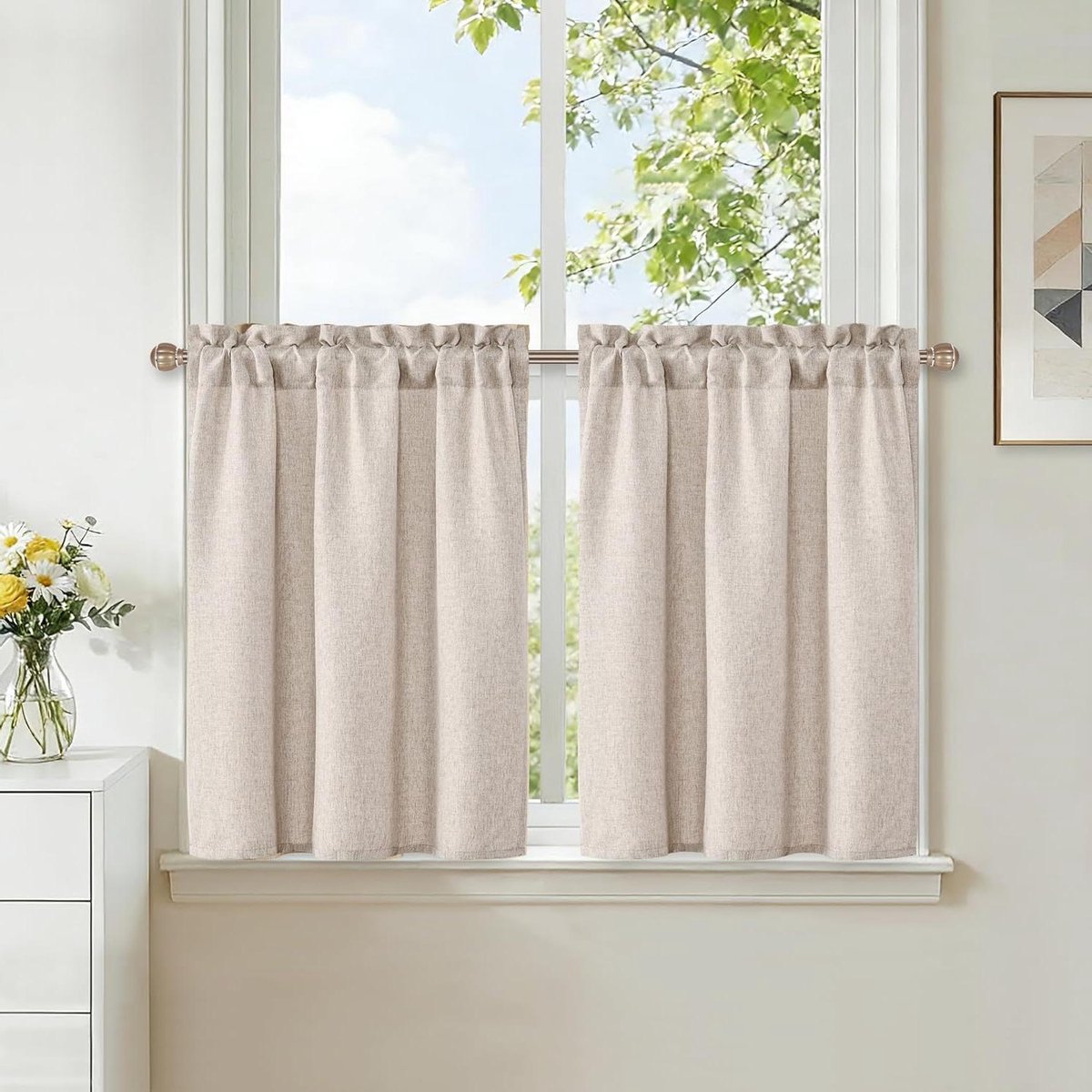 Korte Gordijnen - Vitrage Keukengordijn - Raamdecoratie - Linnenlook Polyester - 60 x 60 c