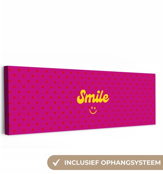 Tableau sur toile 60x20 cm - Décoration murale exclusive Smile - Pois - Jaune - Smiley - Rose - Décoration murale salon - Décoration chambre à coucher - Accessoires de chambre - Tableaux sur toile