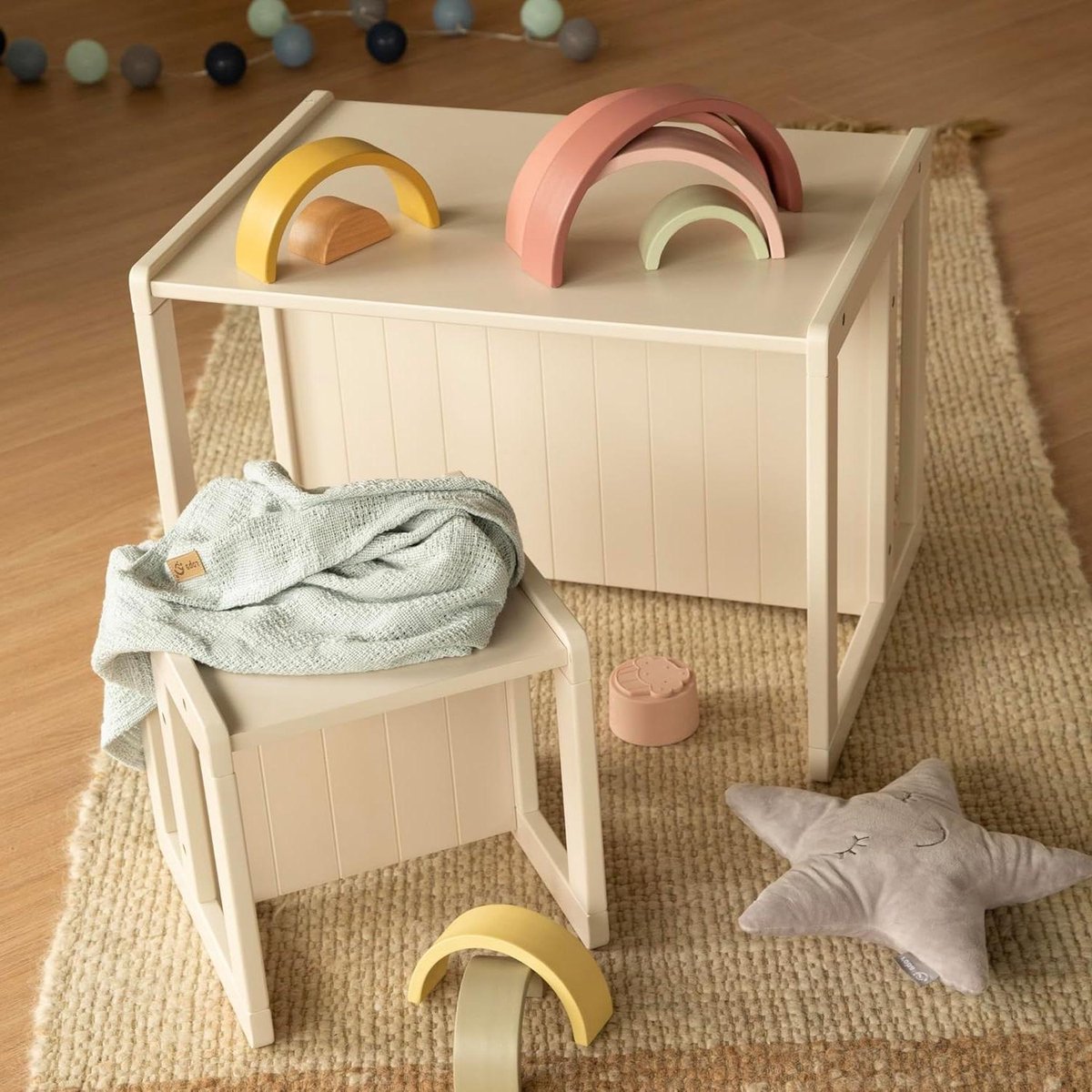 Kinderbank en Tafel - Zitje en Speeltafel - Spelen en Zitten - Dubbele Zithoogtes - 61 x 44.5 cm - Beige