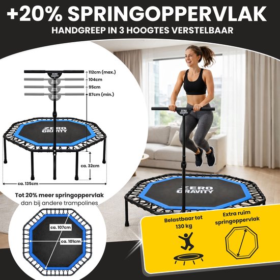 Vrouw op achthoekige trampoline met handgreep. Springoppervlak 135cm. Verstelbaar in hoogte. Tot 130 kg belastbaar.