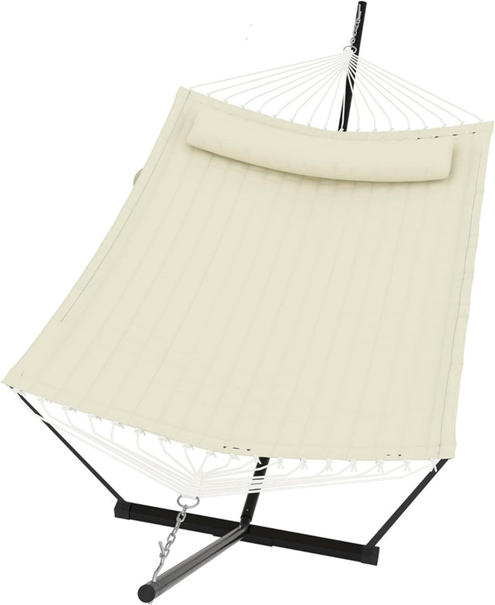 Hangmat met Standaard - 2-Persoons Hangmat - Inclusief Kussen en Balanstouw - Belastbaar tot 205 kg - Dubbele Hangmat voor Buiten - Tuin & Terras - beige