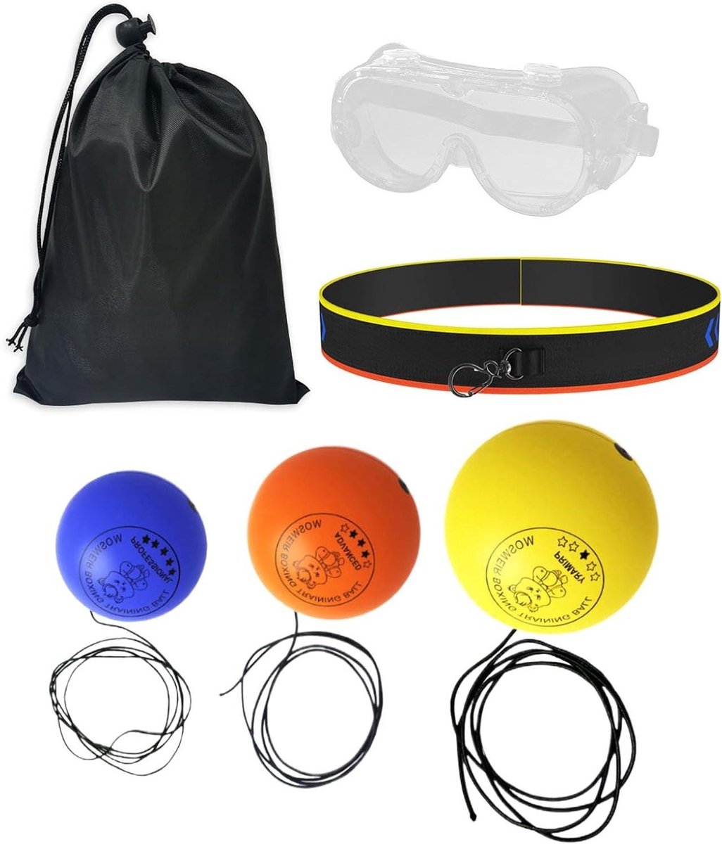 Boks Trainingsbal - Reflex Bal - Reactie Training - Verstelbare Hoofdband - 3 Ballen Set - Multicolor